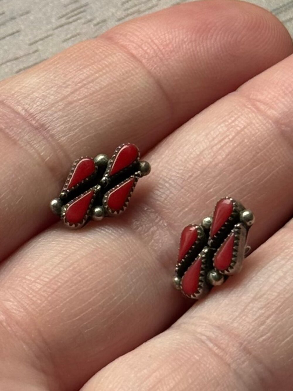 Vintage Zuni Teardrop Red Coral and Sterling Silver Stud Earrings